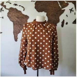 Sweet Rain Women’s Silky Long Sleeve Brown Polka Dot Blouse